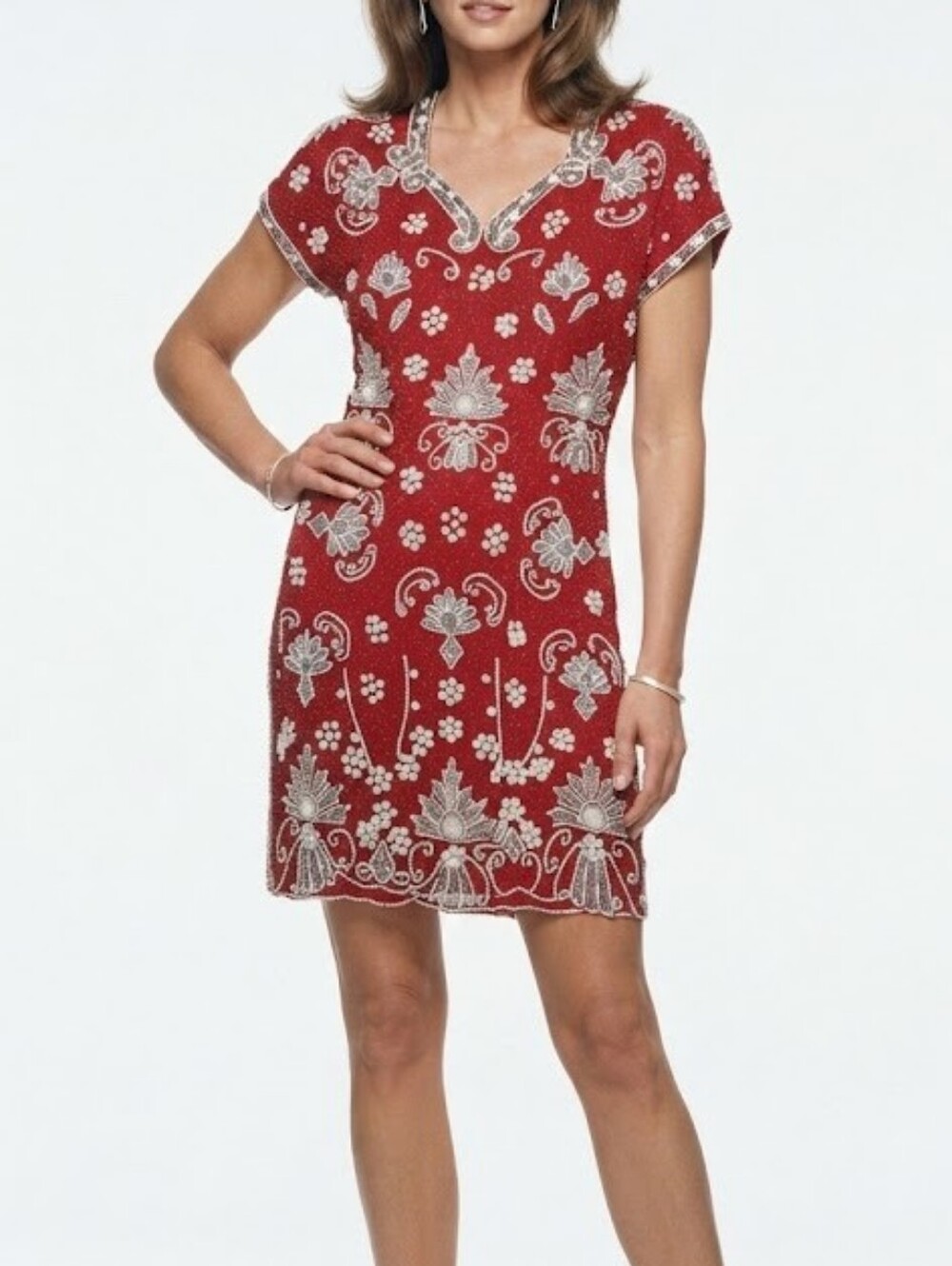 Vintage 90s Spiegel 12 Red Silk Fully Beaded Dress Cocktail Formal Glam Party